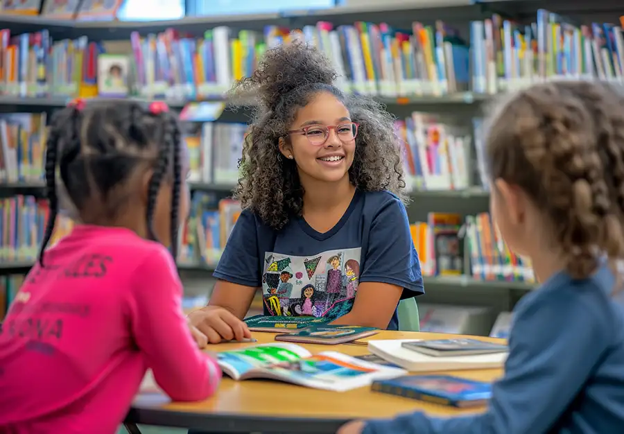 A RISE book club mentor reading with children